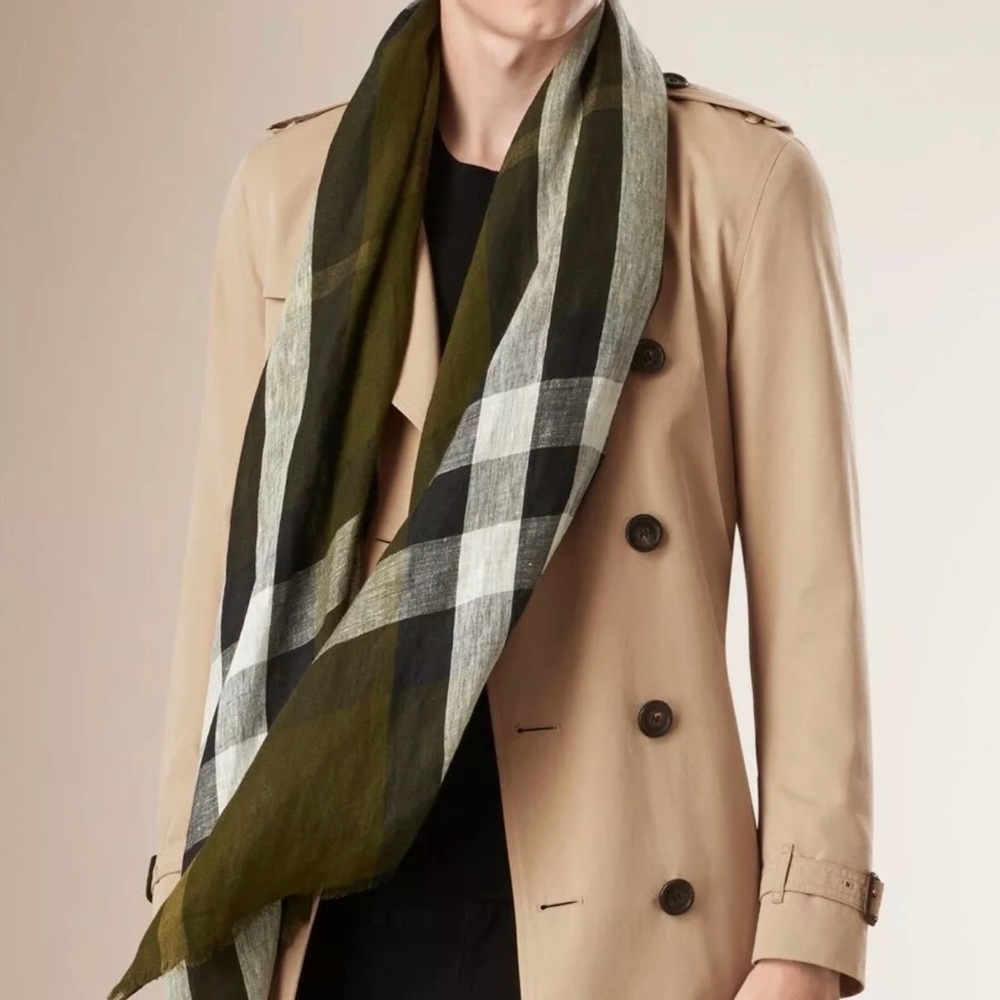 Burberry Olive Green Exploded Linen Nova Scarf NWT - Picture 1 of 8